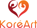 Logo KoréArt avec deux figures abstraites formant un cœur rouge-orange au-dessus du mot «KoréArt»