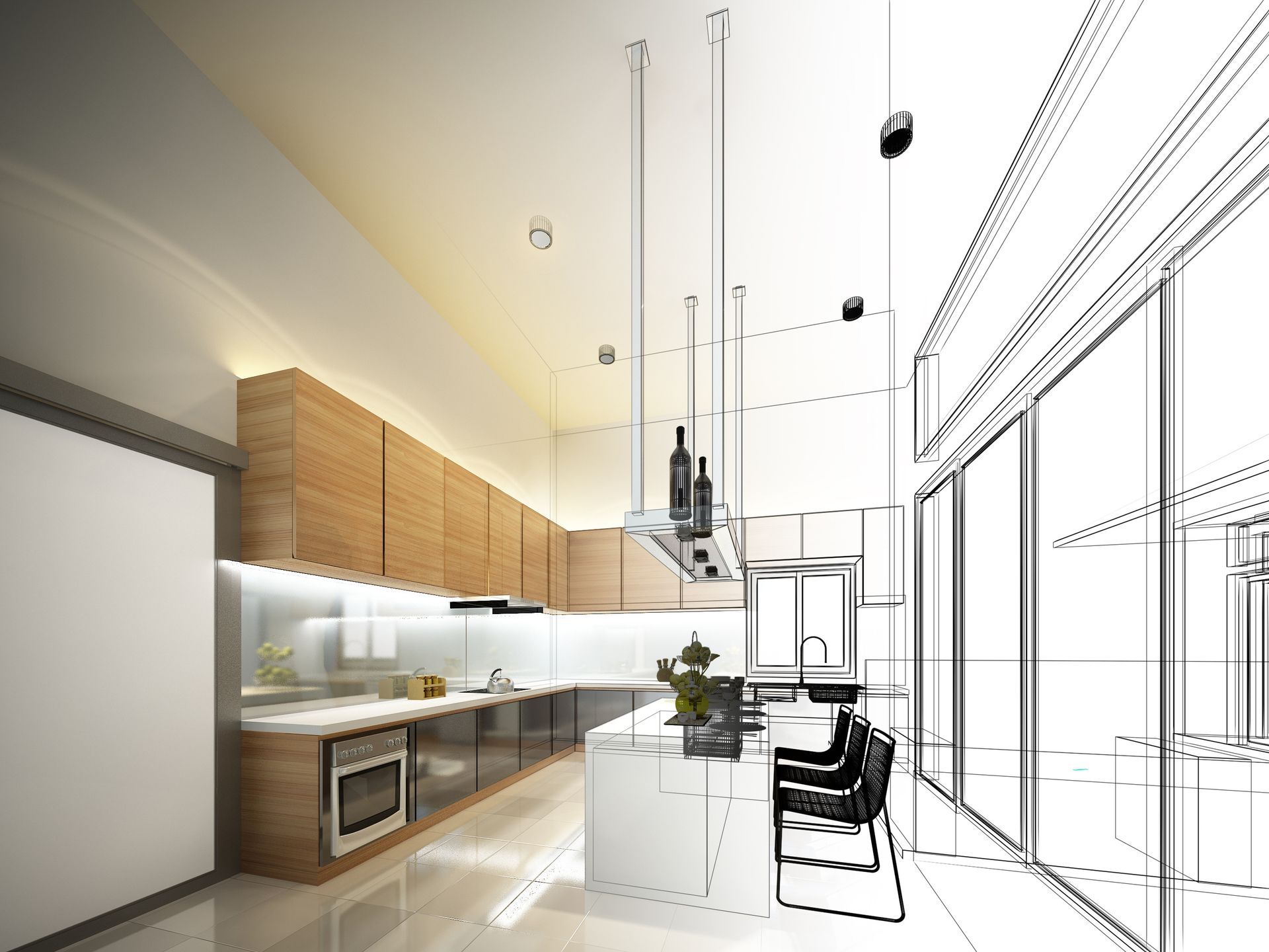 Maison moderne à deux étages avec bardage gris, colonnes blanches et porte de garage noire sous un ciel bleu
