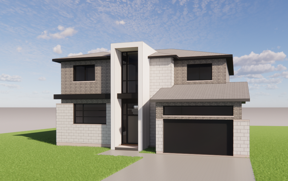 Maison moderne à deux étages avec toit gris, façade en briques et blanche, porte de garage noire et pelouse verte.