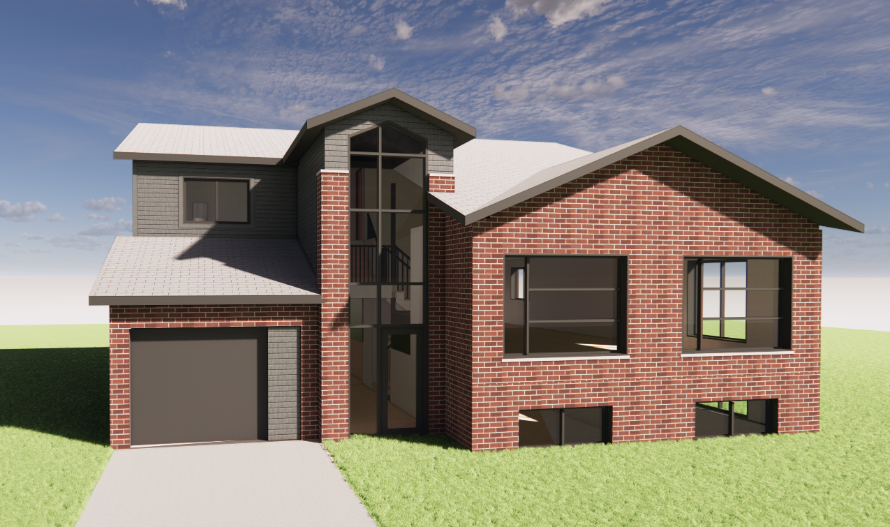 Représentation architecturale d'une maison en briques de deux étages avec garage, fenêtres en verre et toit gris.