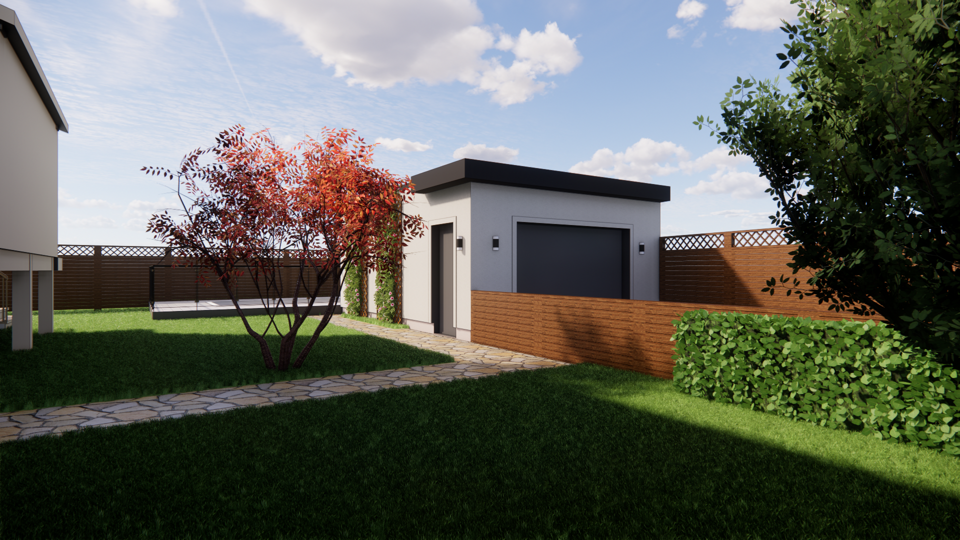 Une scène de jardin montrant un petit garage avec une porte noire, entouré d'herbe, d'arbres et d'un mur de briques.