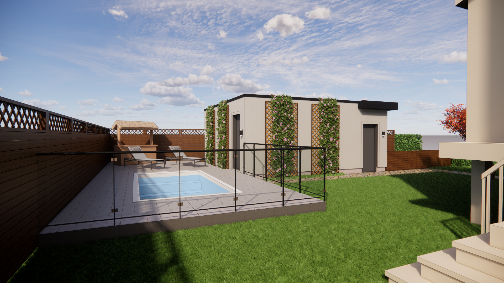 Jardin avec une petite piscine, bâtiment entouré de verdure et clôture en bois.