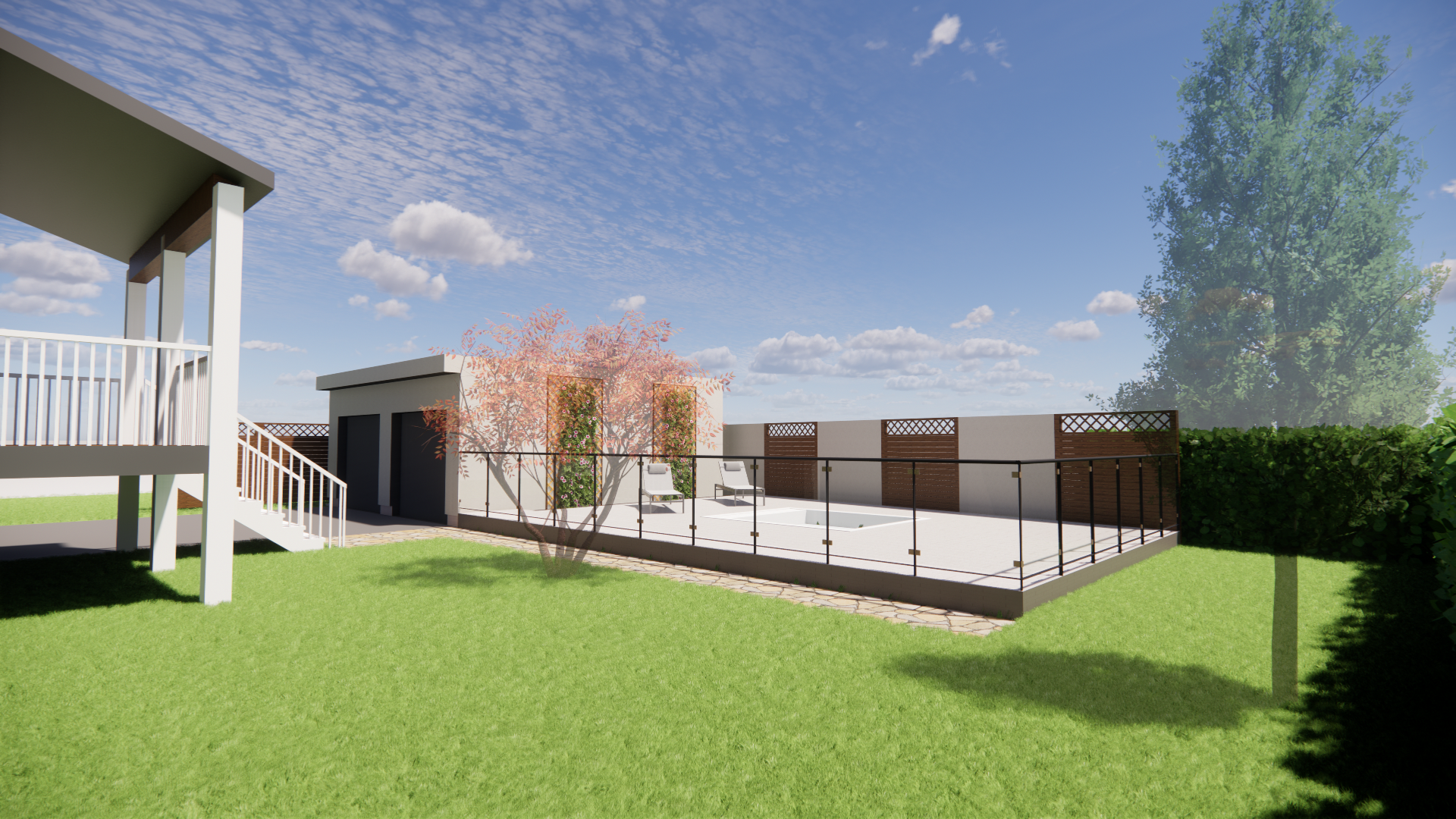 Jardin avec pelouse, terrasse, garage et un arbre sous un ciel bleu.