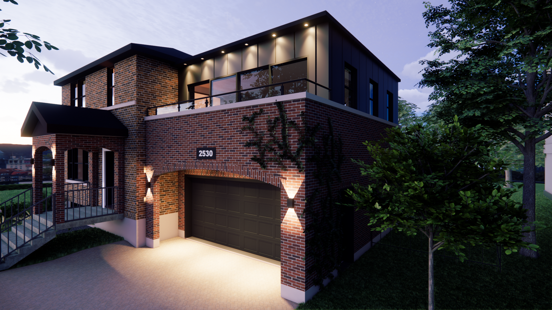 Maison en briques de deux étages avec garage, balcon et éclairage. Ambiance crépusculaire avec des arbres dans le jardin.