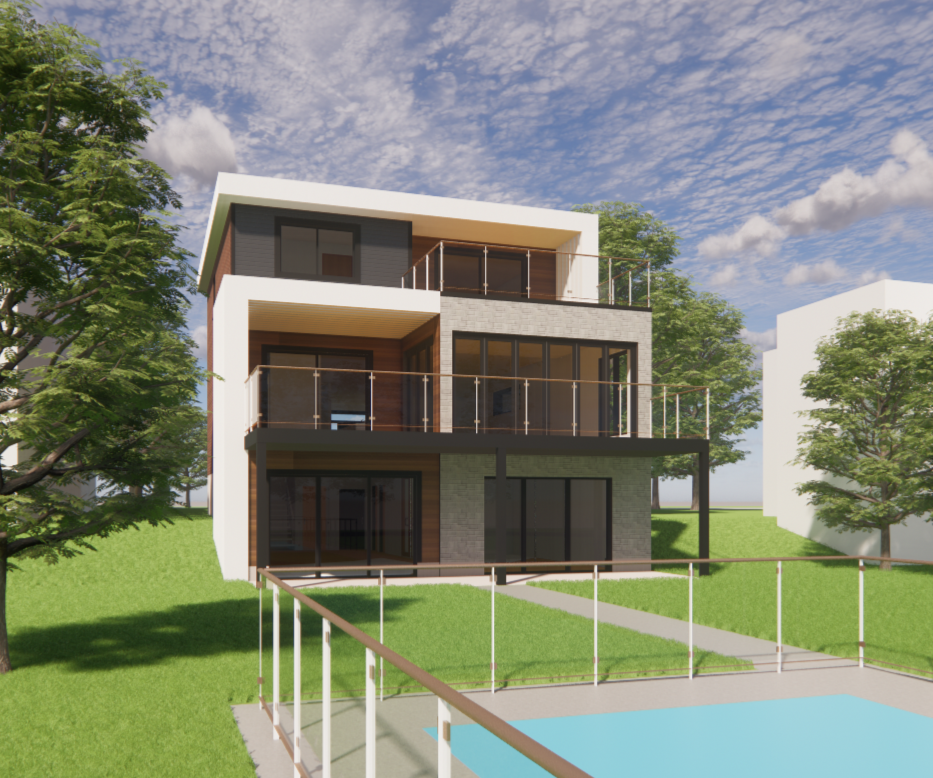 Maison moderne de deux étages avec balcons, garde-corps en verre et piscine. Située sur une colline verdoyante et arborée sous un ciel bleu.