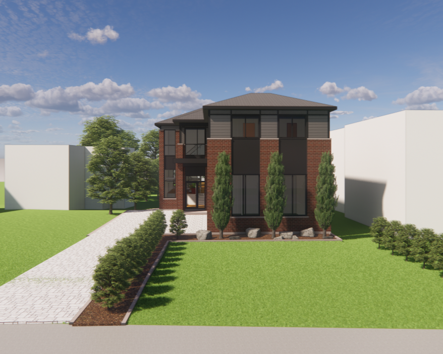 Représentation extérieure d'une maison moderne avec des éléments de façade en brique, gris et noir, située sur une pelouse verte avec un chemin en pierre.