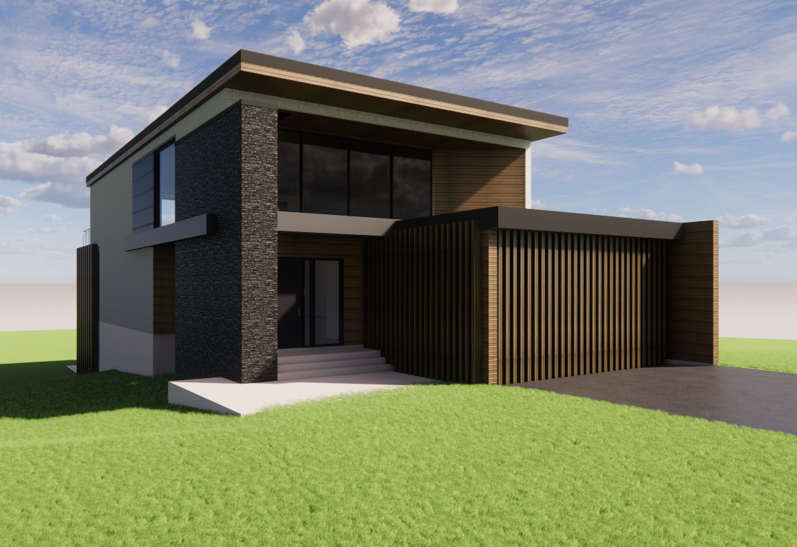 Maison moderne à deux étages avec un mur d'accent en pierre sombre et une façade de garage en bois, située sur une pelouse sous un ciel bleu.