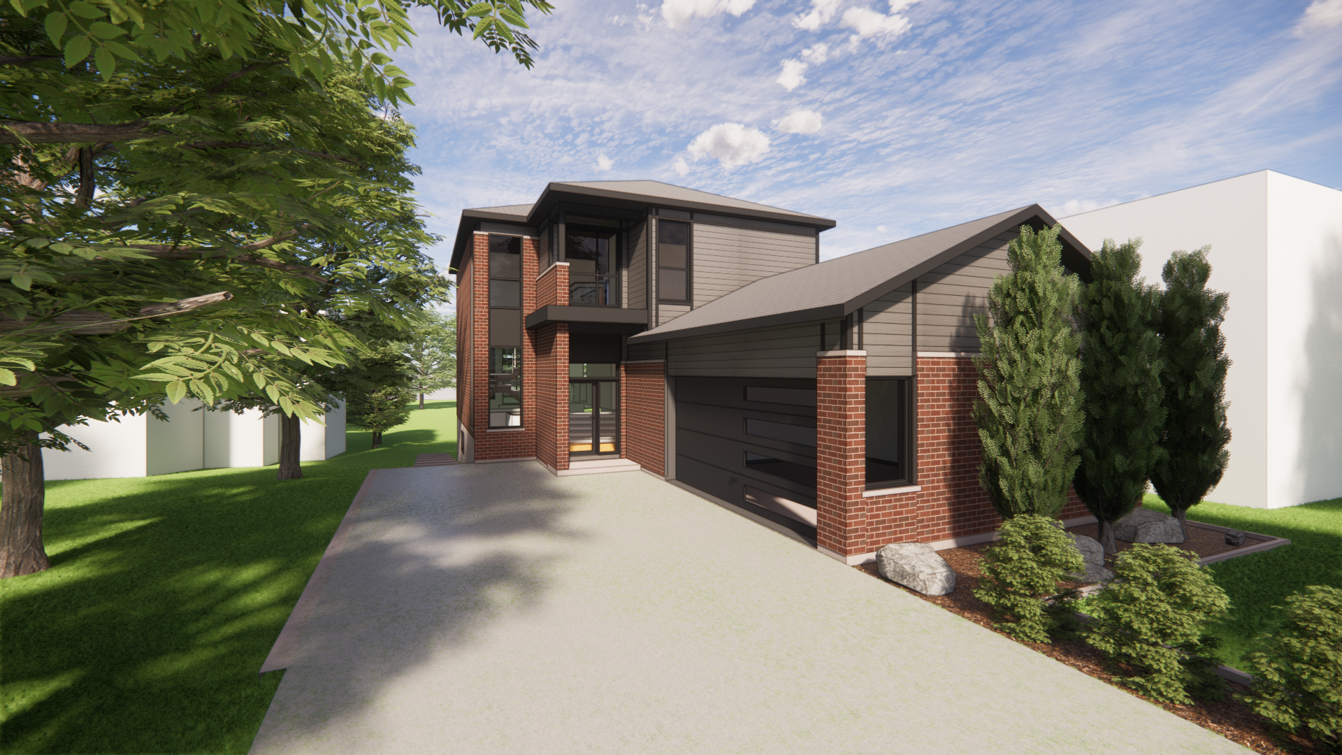 Maison moderne à deux étages avec des accents de briques rouges, un revêtement gris et une allée, située dans un environnement ensoleillé.