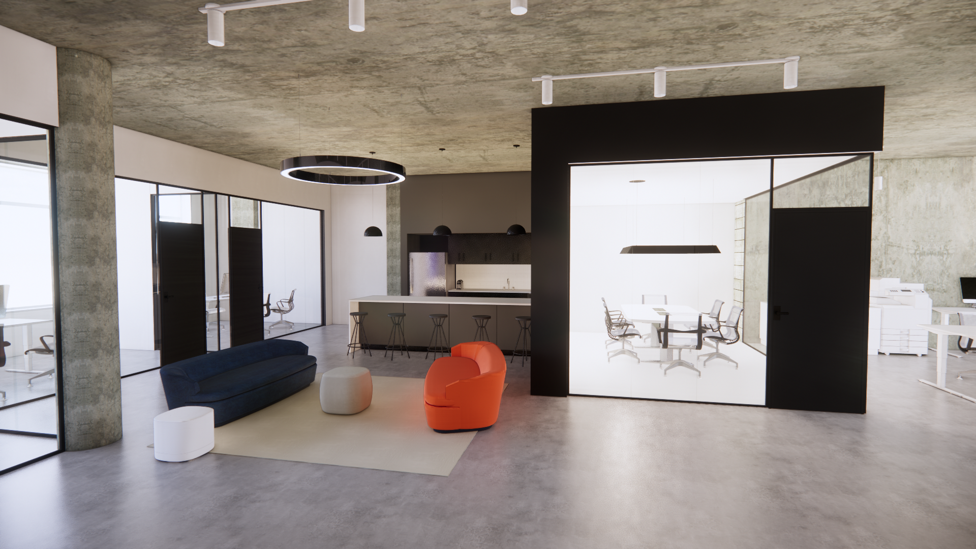 Espace de bureaux moderne avec salle de réunion, coin détente et cuisine. Sol en béton, touches de noir et blanc.