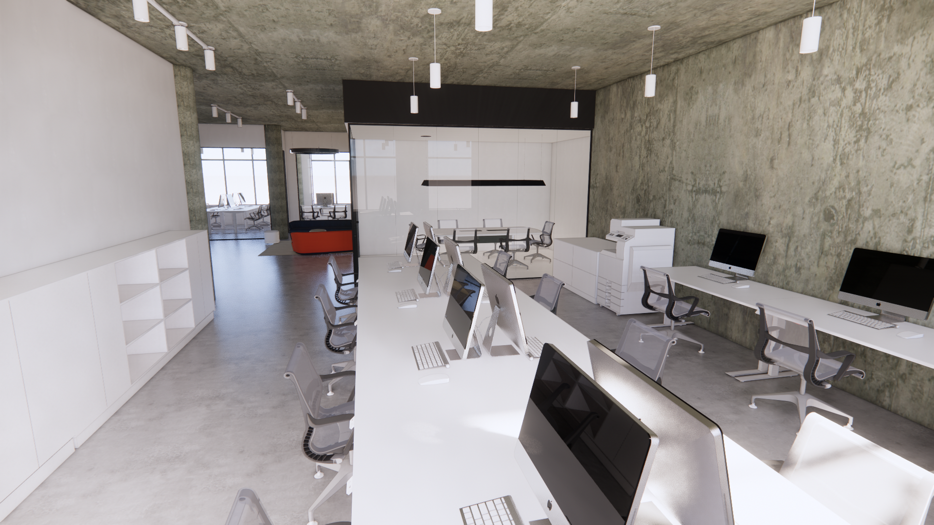 Intérieur de bureau moderne avec bureaux, ordinateurs, chaises et éclairage zénithal. Tons blancs et gris.