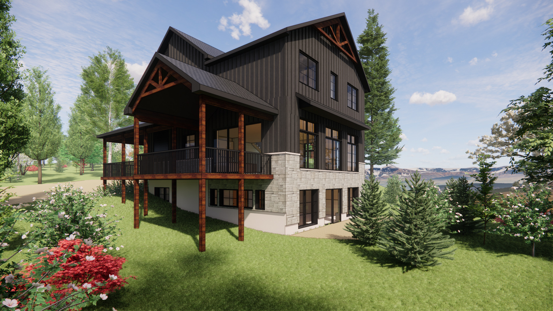 Maison moderne à deux étages avec bardage noir, soubassement en pierre et véranda enveloppante, dans un écrin de verdure.