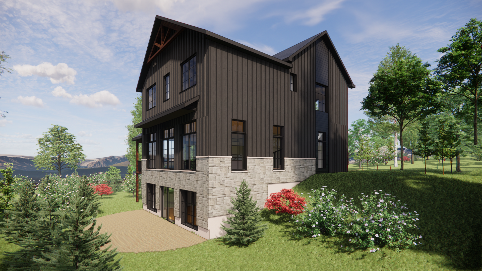 Maison moderne noire avec soubassement en pierre, construite à flanc de colline, avec fenêtres et entourée de verdure.