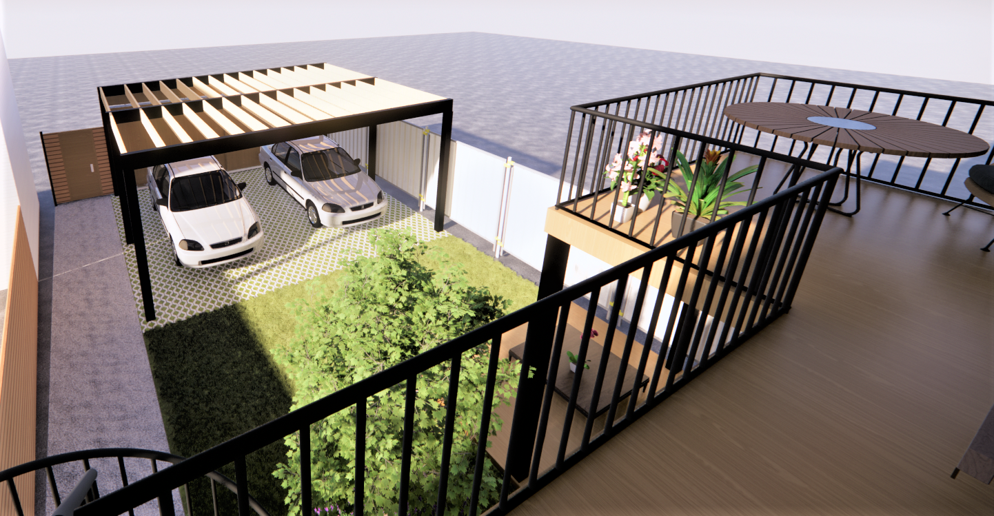 Toit-terrasse avec une pergola abritant deux voitures garées, un petit jardin et un coin repas, le tout entouré de balustrades.