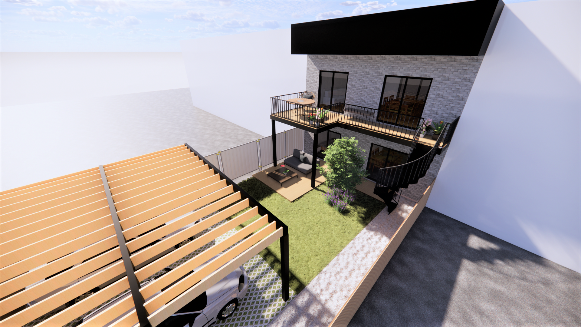 Représentation d'une maison moderne à deux étages avec une terrasse, un petit jardin et un garage sous une pergola en bois.