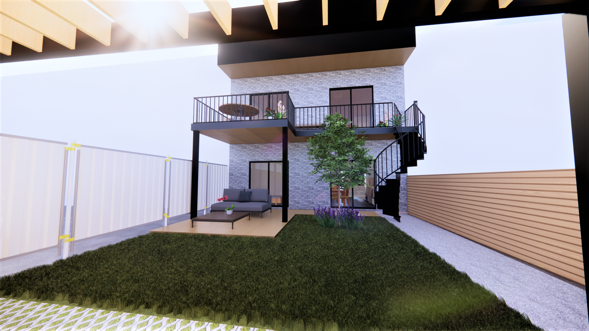 Vue de cour arrière avec une maison moderne à deux étages, une terrasse, un escalier en colimaçon et un jardin.