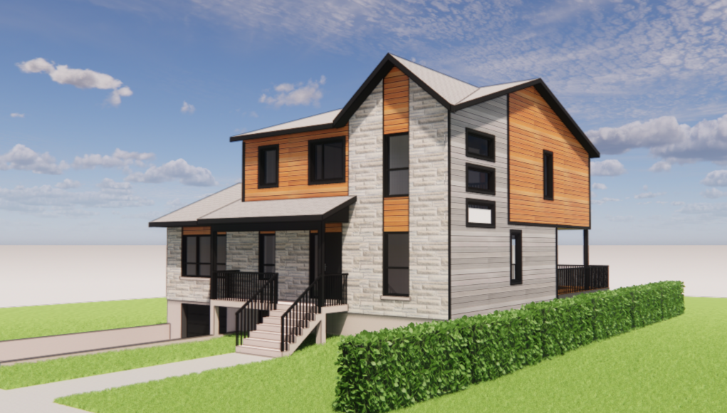 Illustration d'une maison moderne à deux étages avec bardage en bois et gris, accents noirs et porche d'entrée.