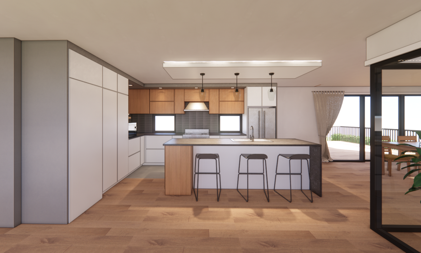 Cuisine moderne avec îlot central, placards et électroménager. Parquet et grandes fenêtres.