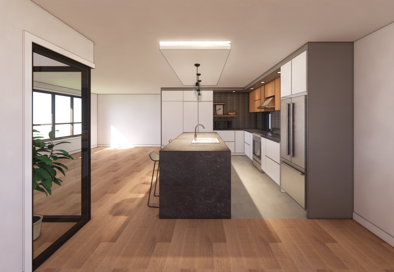 Cuisine moderne avec îlot central, parquet et électroménager en inox.