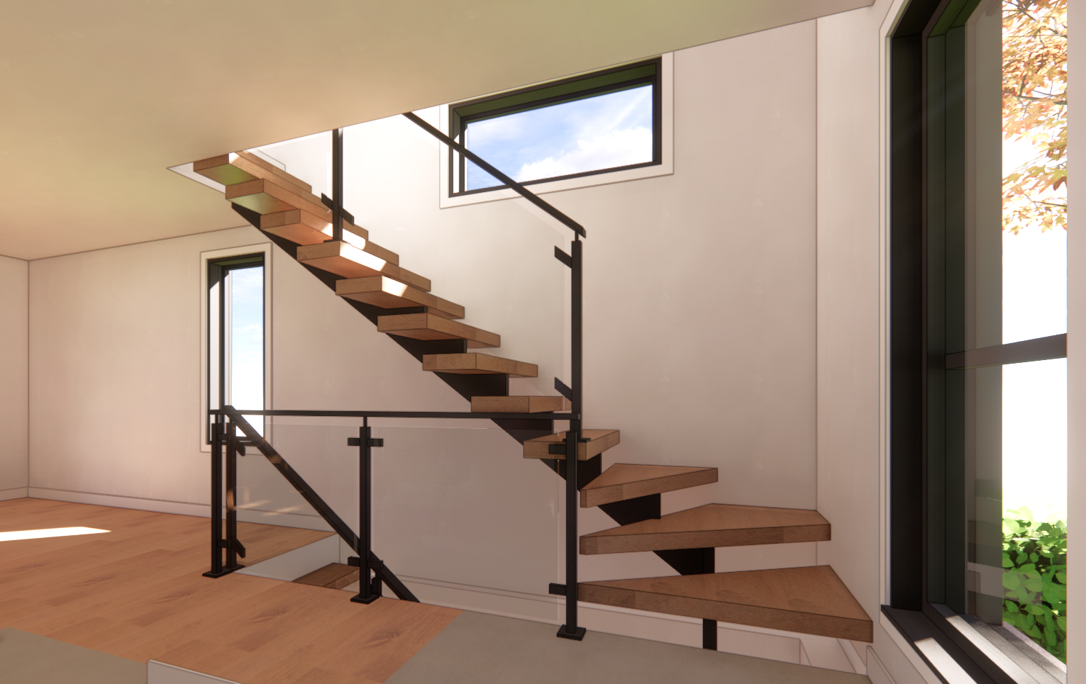 Un escalier en bois avec une rampe en métal noir mène à une fenêtre. La lumière du soleil inonde l'intérieur.