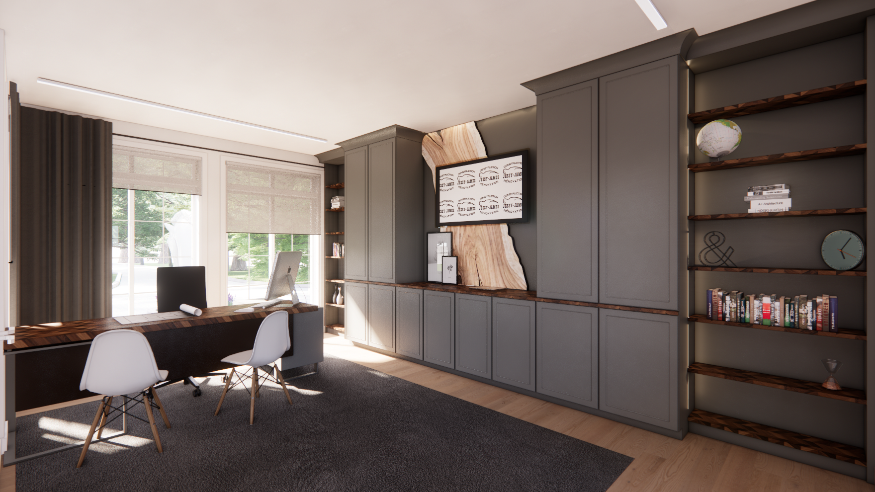 Intérieur de bureau avec meubles intégrés gris foncé, bureau, deux chaises blanches, grande fenêtre et moquette foncée.