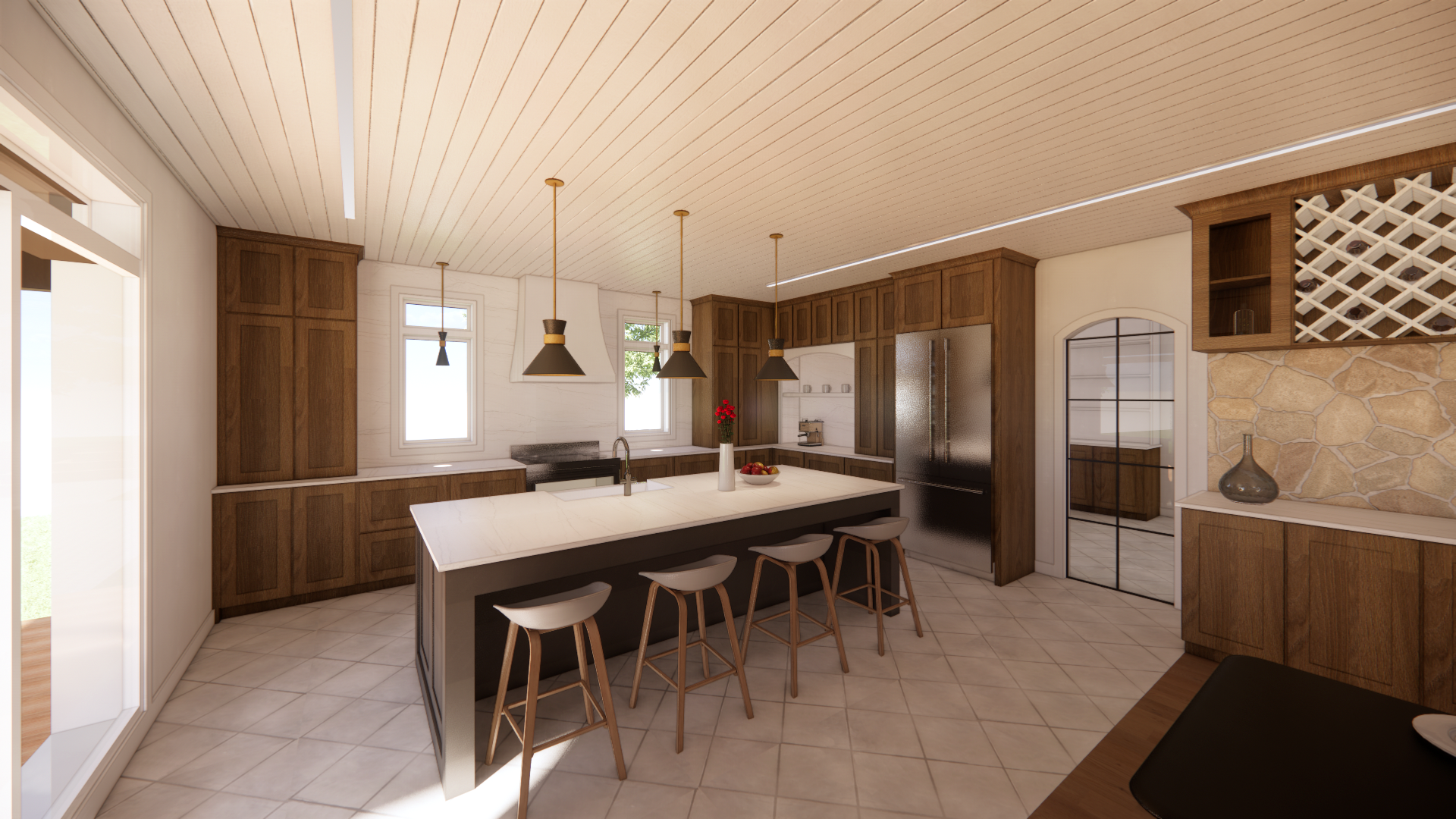 Cuisine spacieuse avec placards en bois, îlot central avec tabourets, plans de travail blancs et suspensions lumineuses.