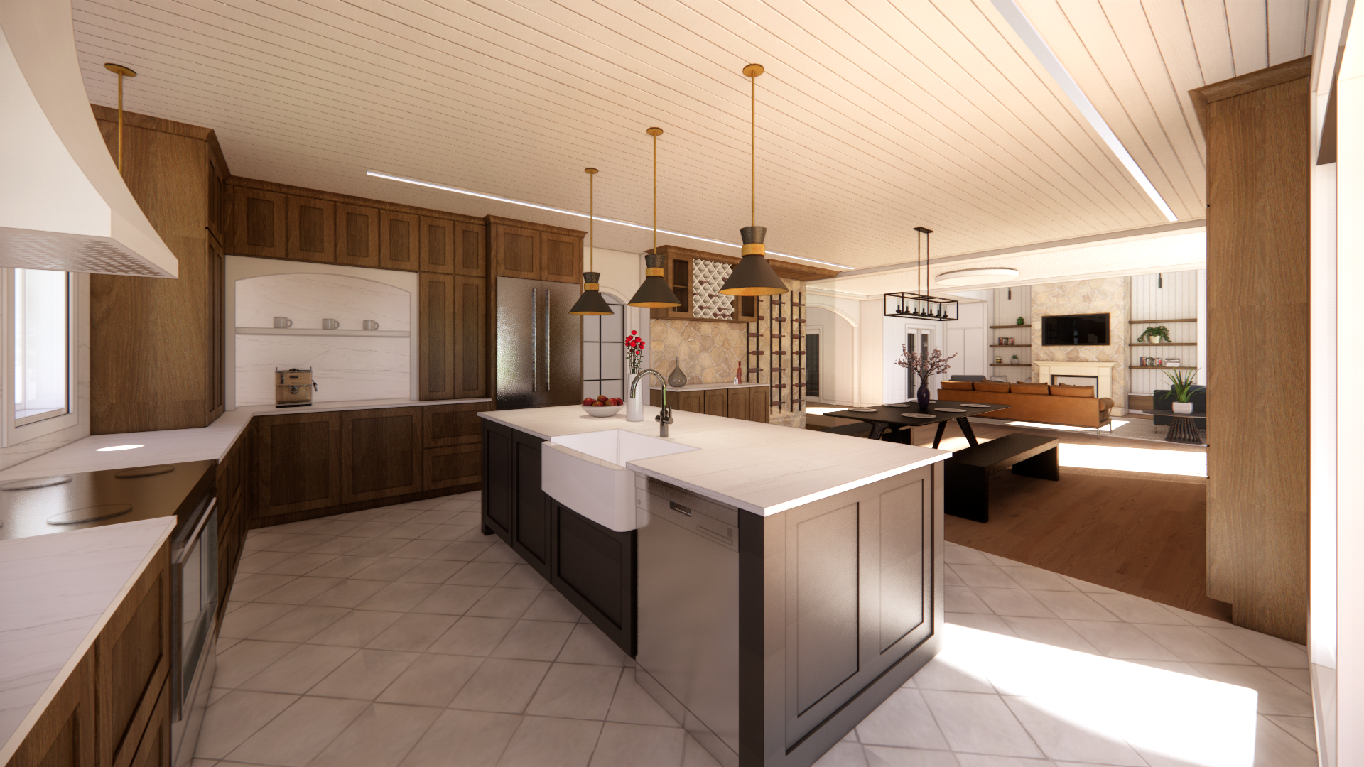 Cuisine spacieuse avec un grand îlot central, des armoires en bois et des suspensions lumineuses ; vue sur le salon.