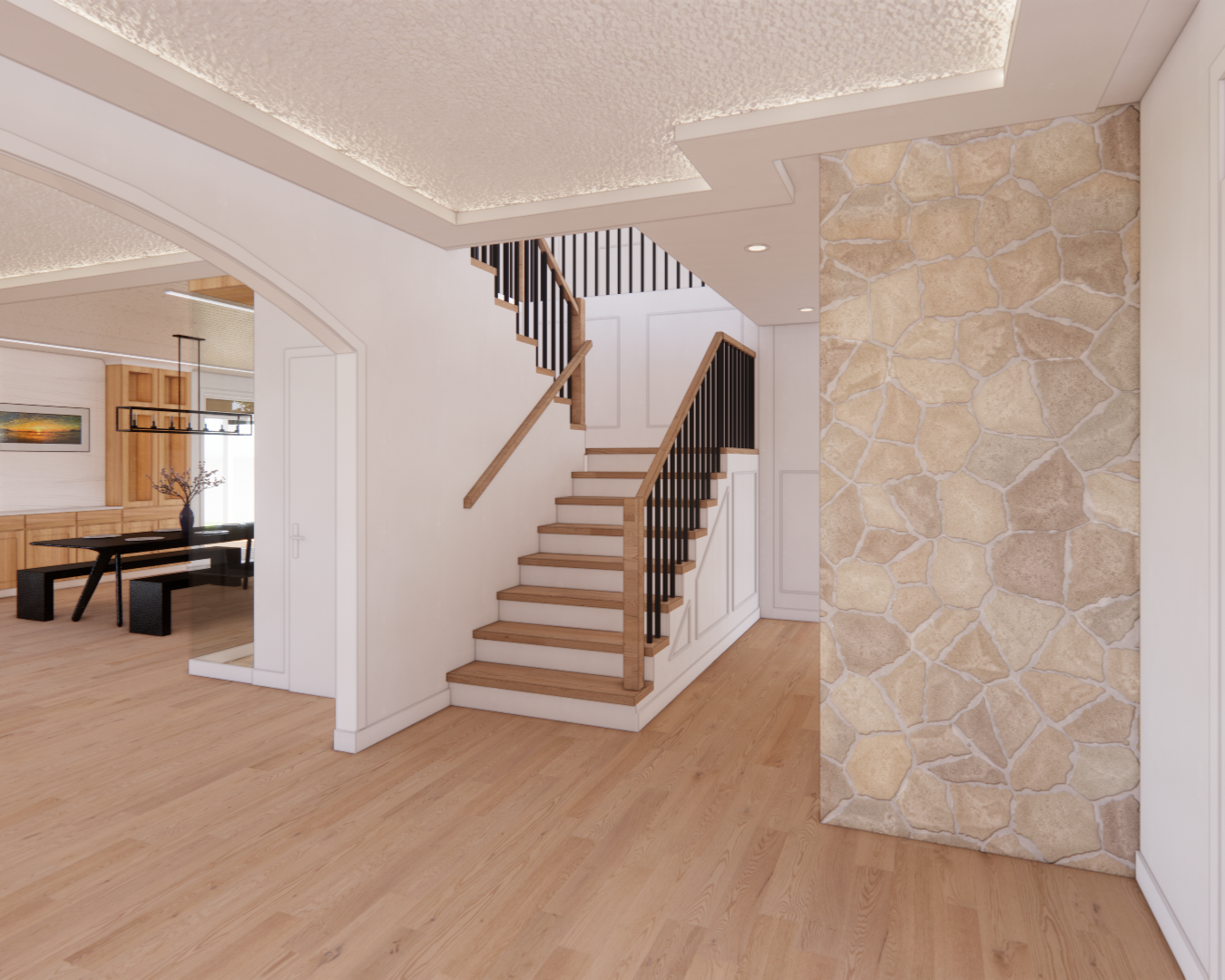 Vue intérieure d'une maison moderne avec escalier, parquet et mur décoratif.