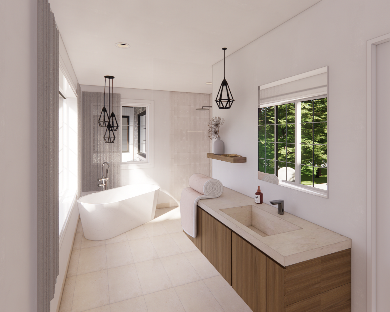 Salle de bains moderne avec baignoire îlot, meuble-lavabo en bois et deux suspensions lumineuses.
