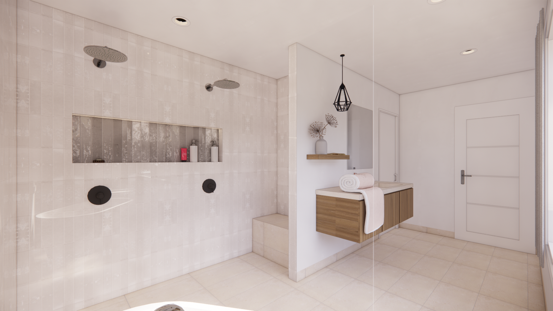 Salle de bains moderne avec douche, meuble-lavabo et murs blancs. Meuble-lavabo en bois clair, porte blanche.