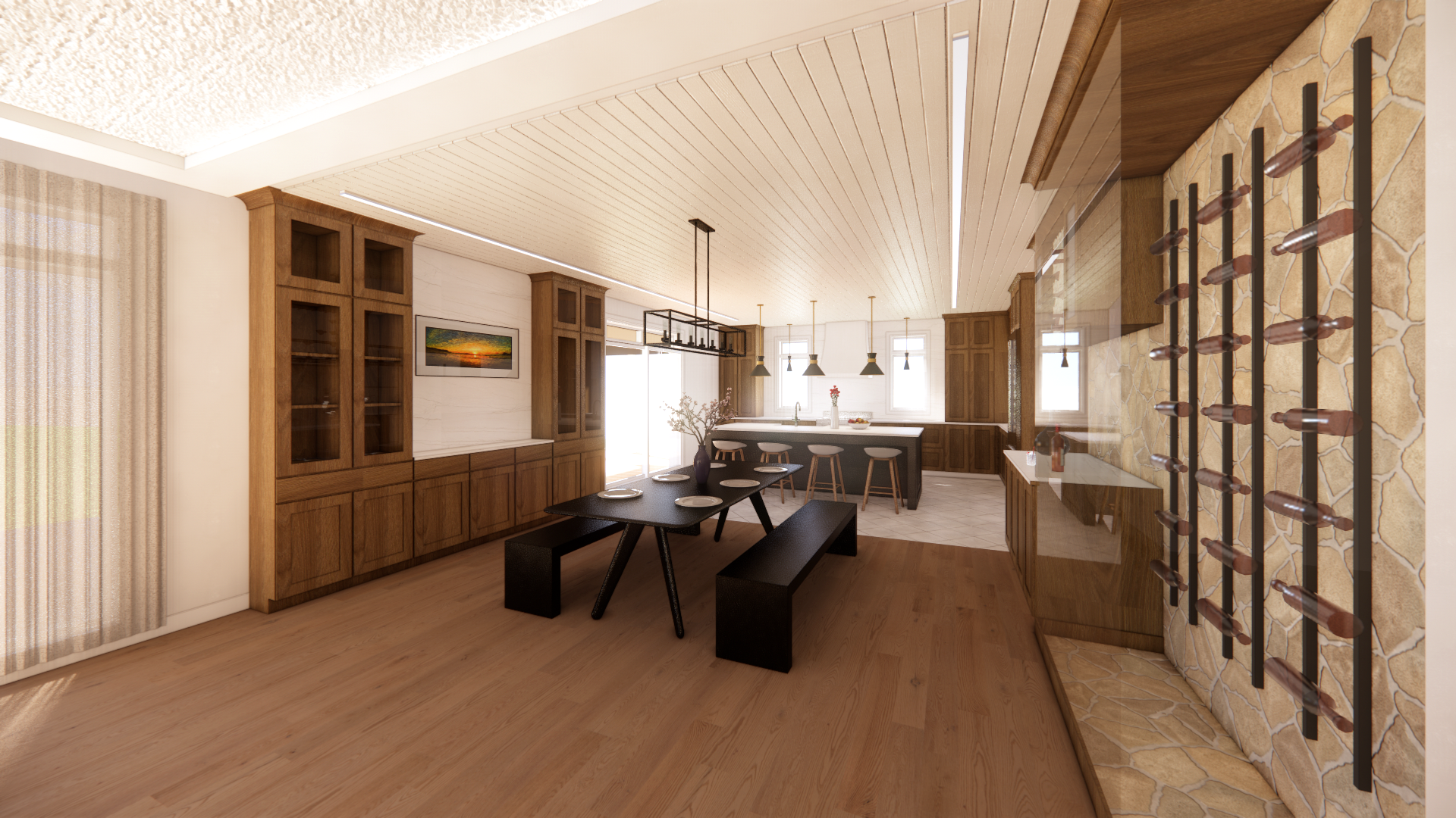 Vue intérieure d'une cuisine et d'une salle à manger en bois avec une longue table et des bancs.