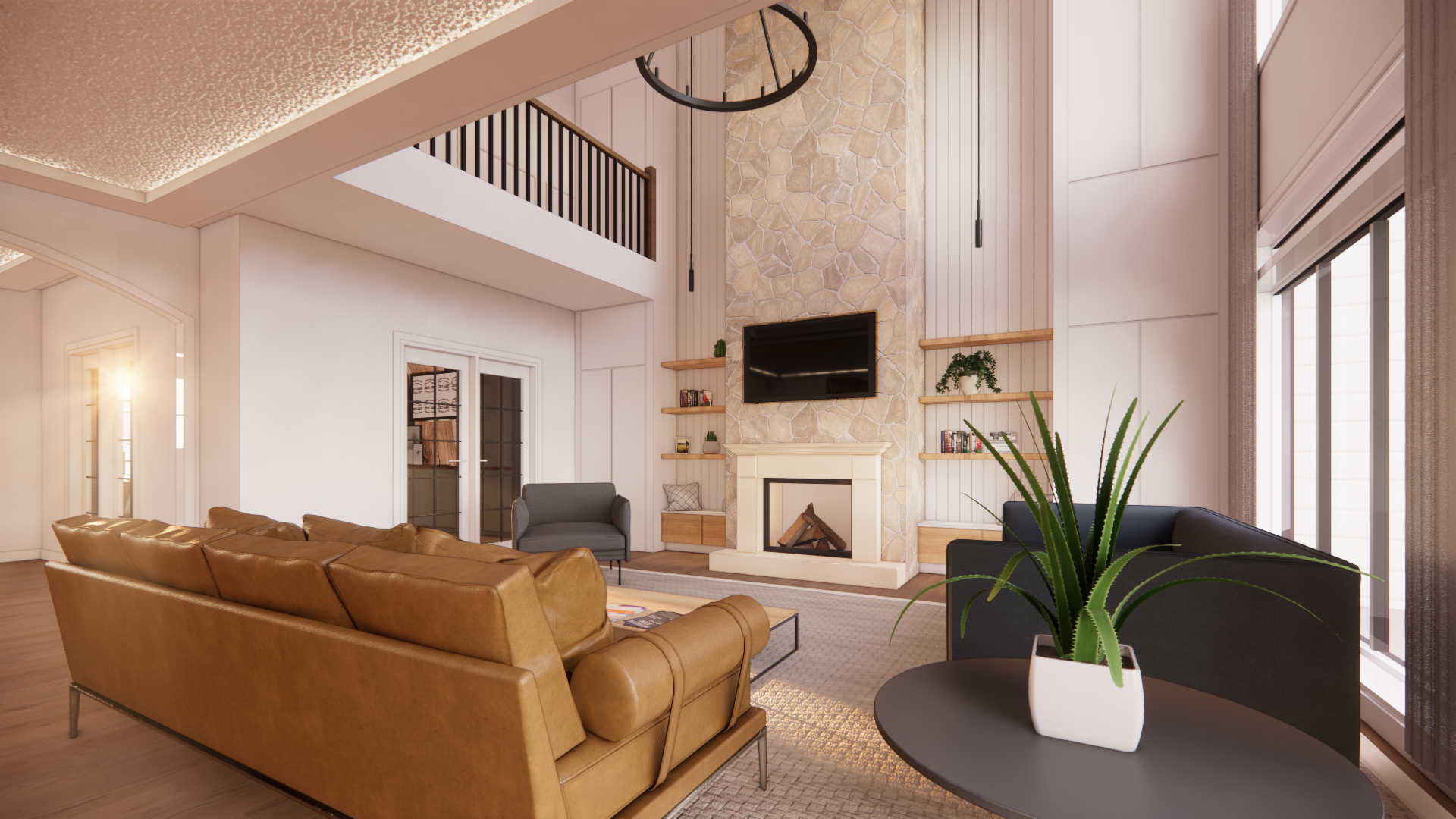 Salon spacieux avec canapé beige, cheminée et balcon, couleurs neutres et design moderne.