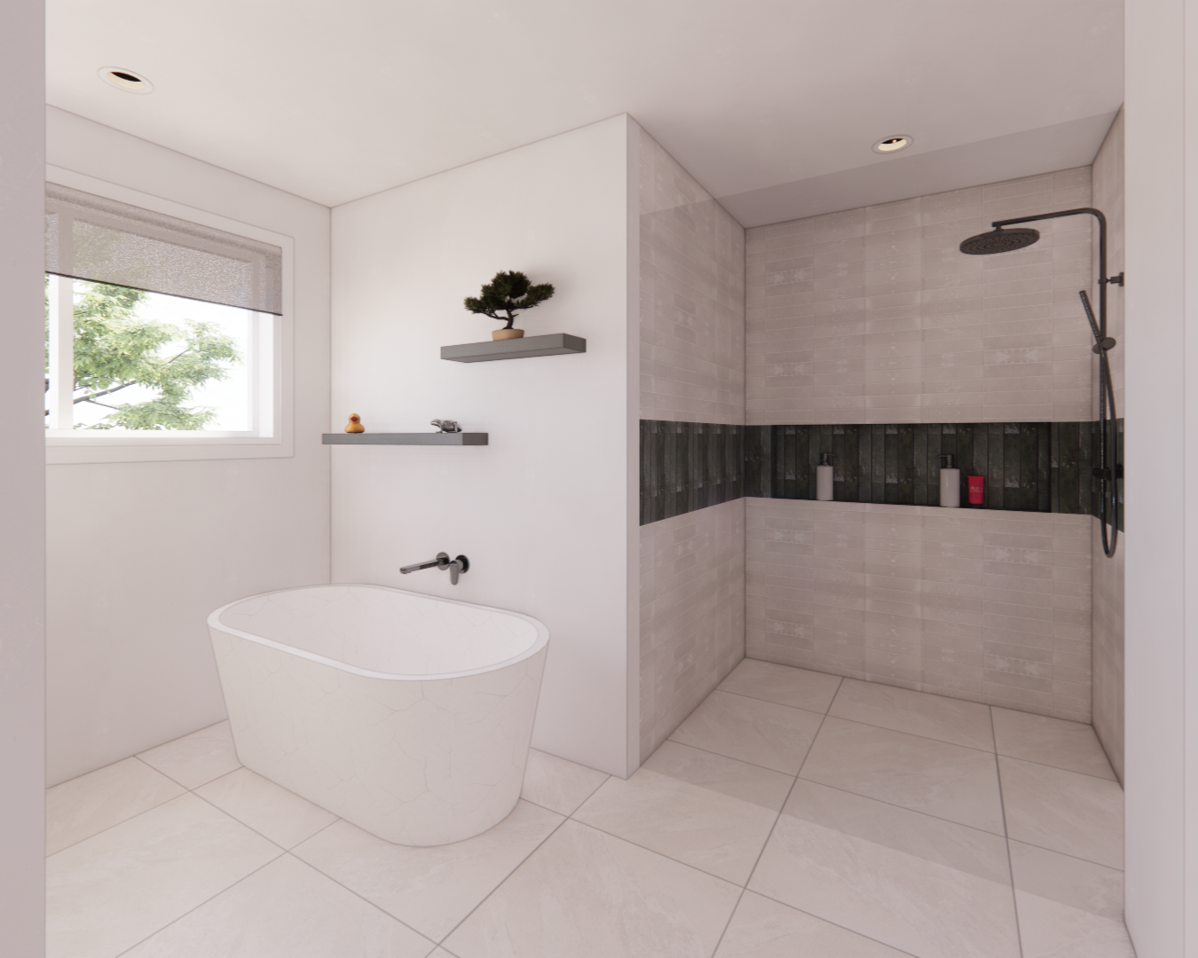 Salle de bains moderne avec baignoire blanche, douche avec robinetterie noire et fenêtre.