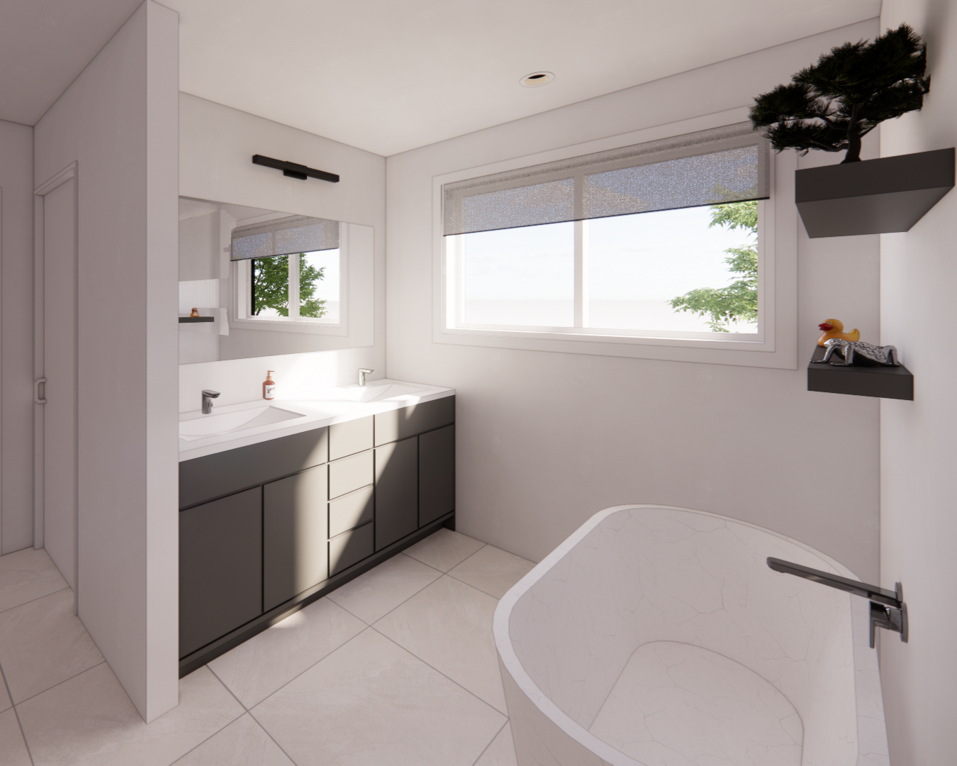 Salle de bains moderne avec baignoire, lavabo et fenêtre. Meubles gris et murs blancs.