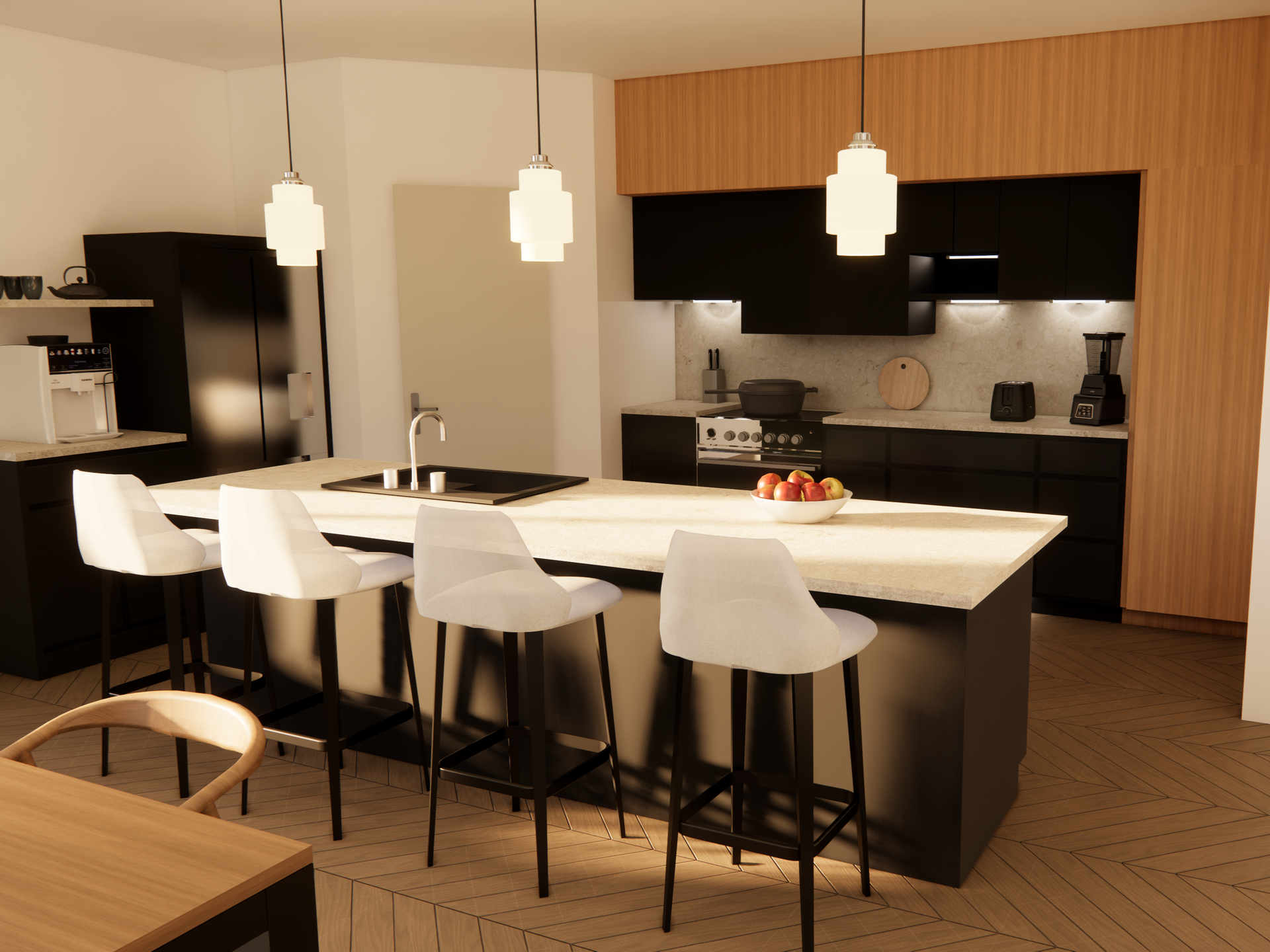 Cuisine moderne avec îlot noir, chaises blanches et placards en bois.