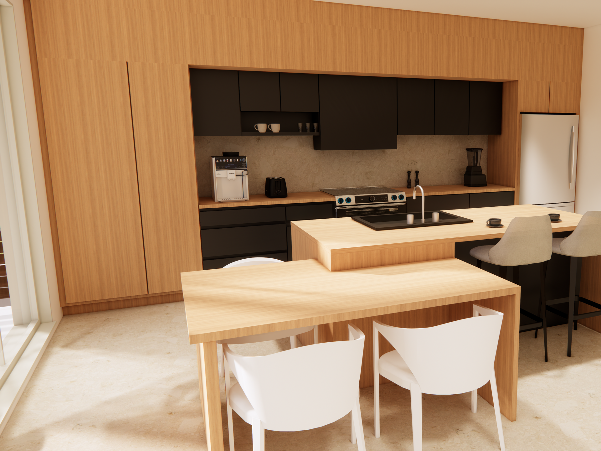 Cuisine moderne avec placards en bois et noirs, îlot central avec tabourets et table à manger en bois clair avec chaises.