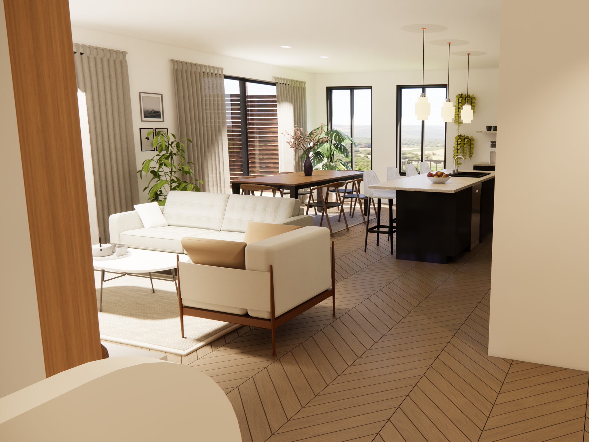 Salon spacieux et moderne avec cuisine ouverte, parquet et grandes fenêtres.