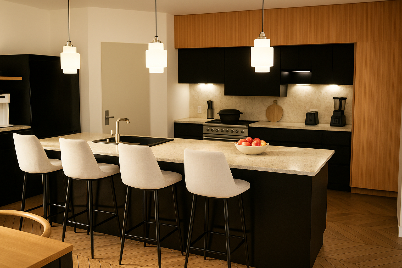 Cuisine moderne avec îlot central, placards noirs, lambris clair et tabourets blancs.