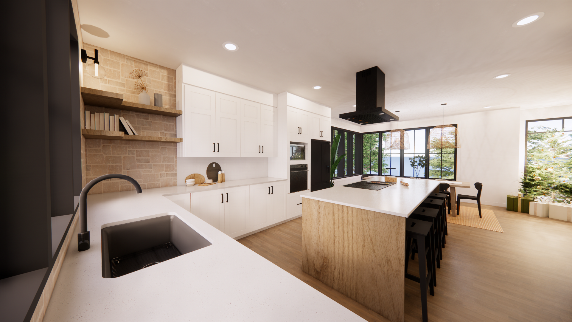 Cuisine moderne avec armoires blanches, grand îlot central, électroménagers noirs et vue sur l'extérieur.