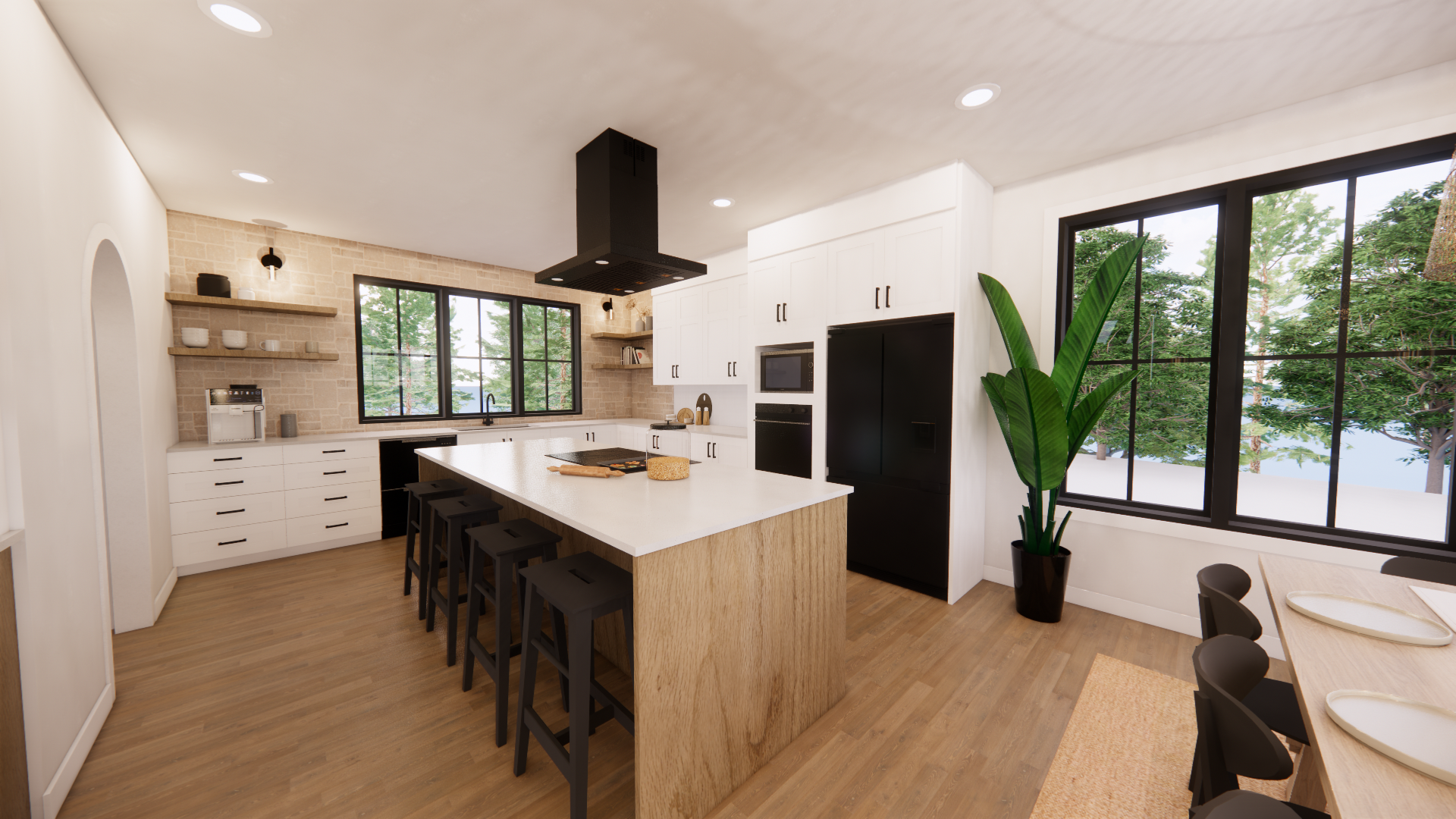 Cuisine moderne avec grand îlot central, touches de noir, placards blancs et grande fenêtre.