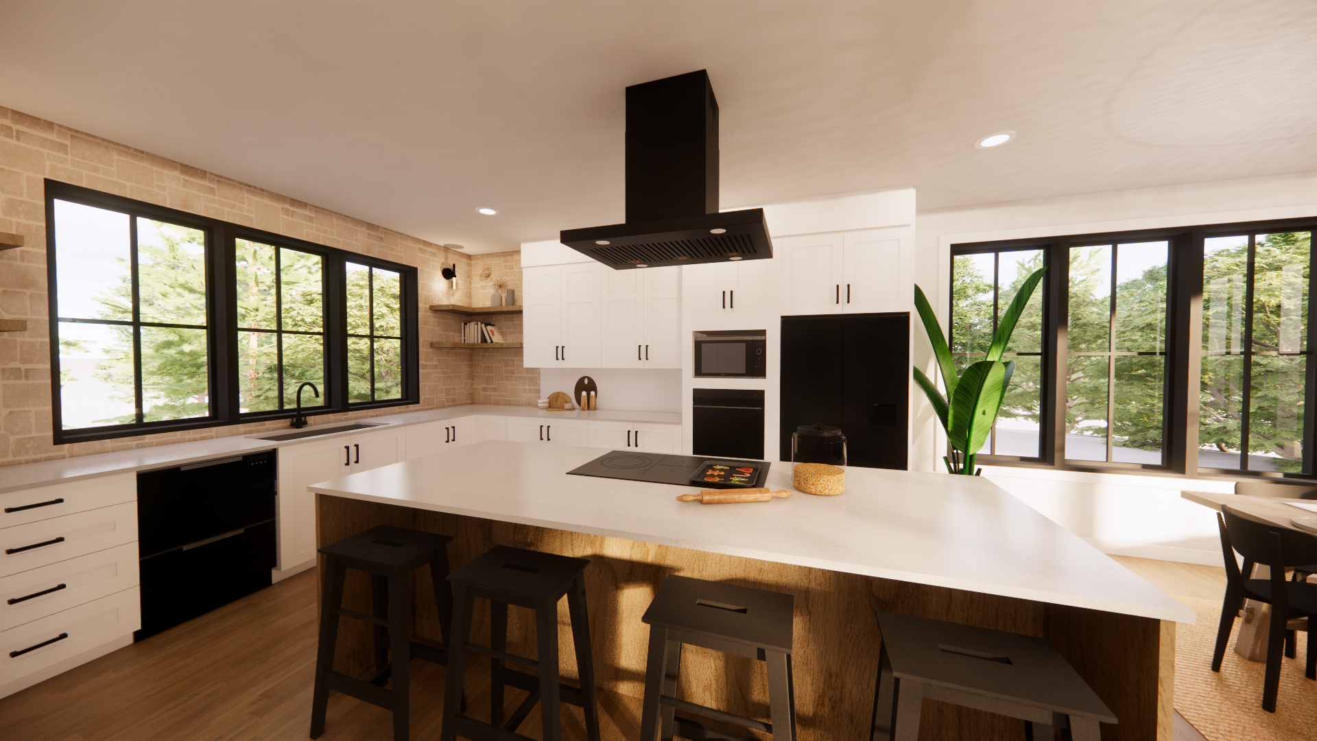 Cuisine moderne avec armoires blanches, grand îlot central, touches de noir et grandes fenêtres offrant une vue sur l'extérieur.