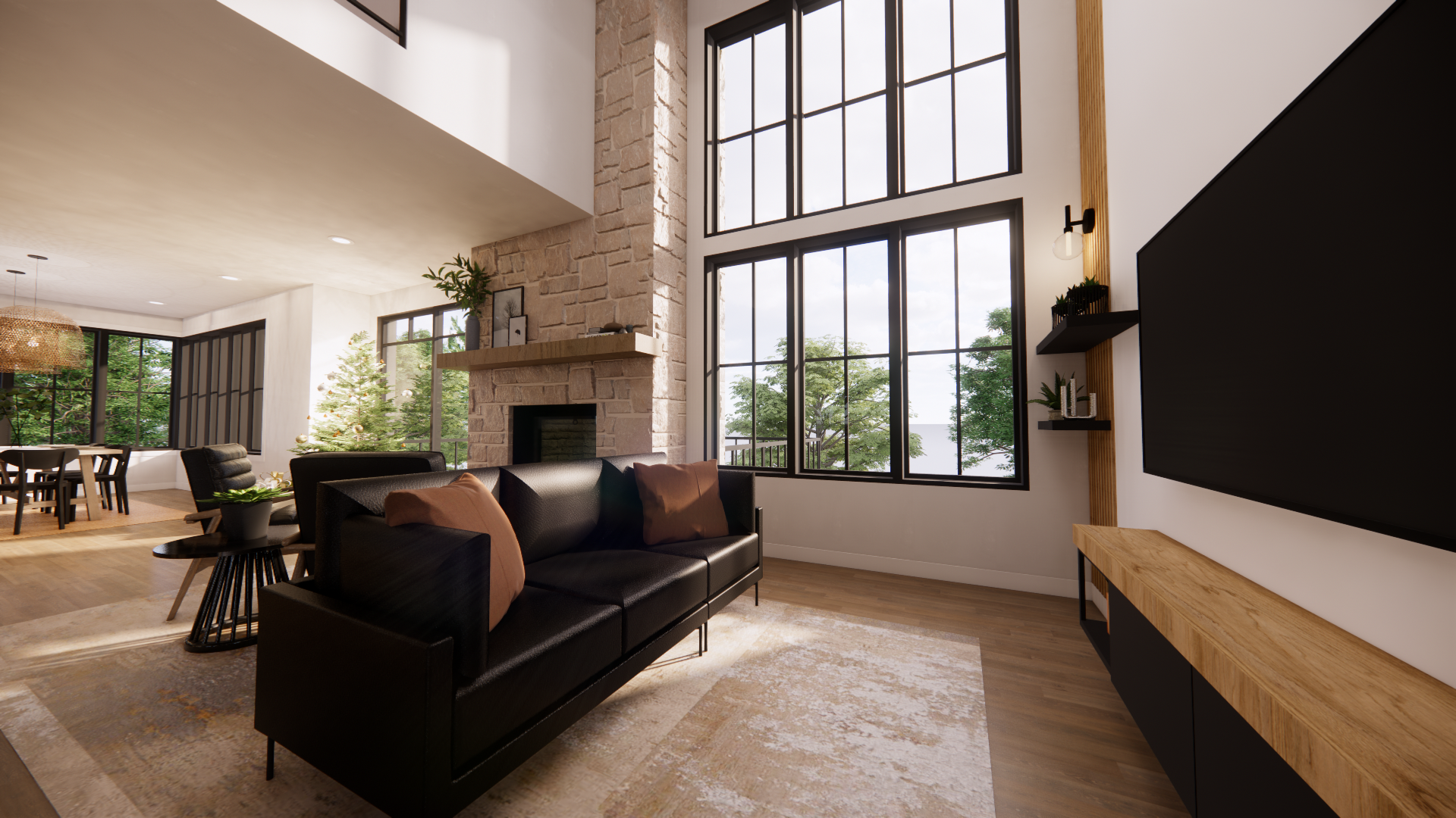 Salon moderne avec canapé en cuir noir, grandes fenêtres et cheminée.