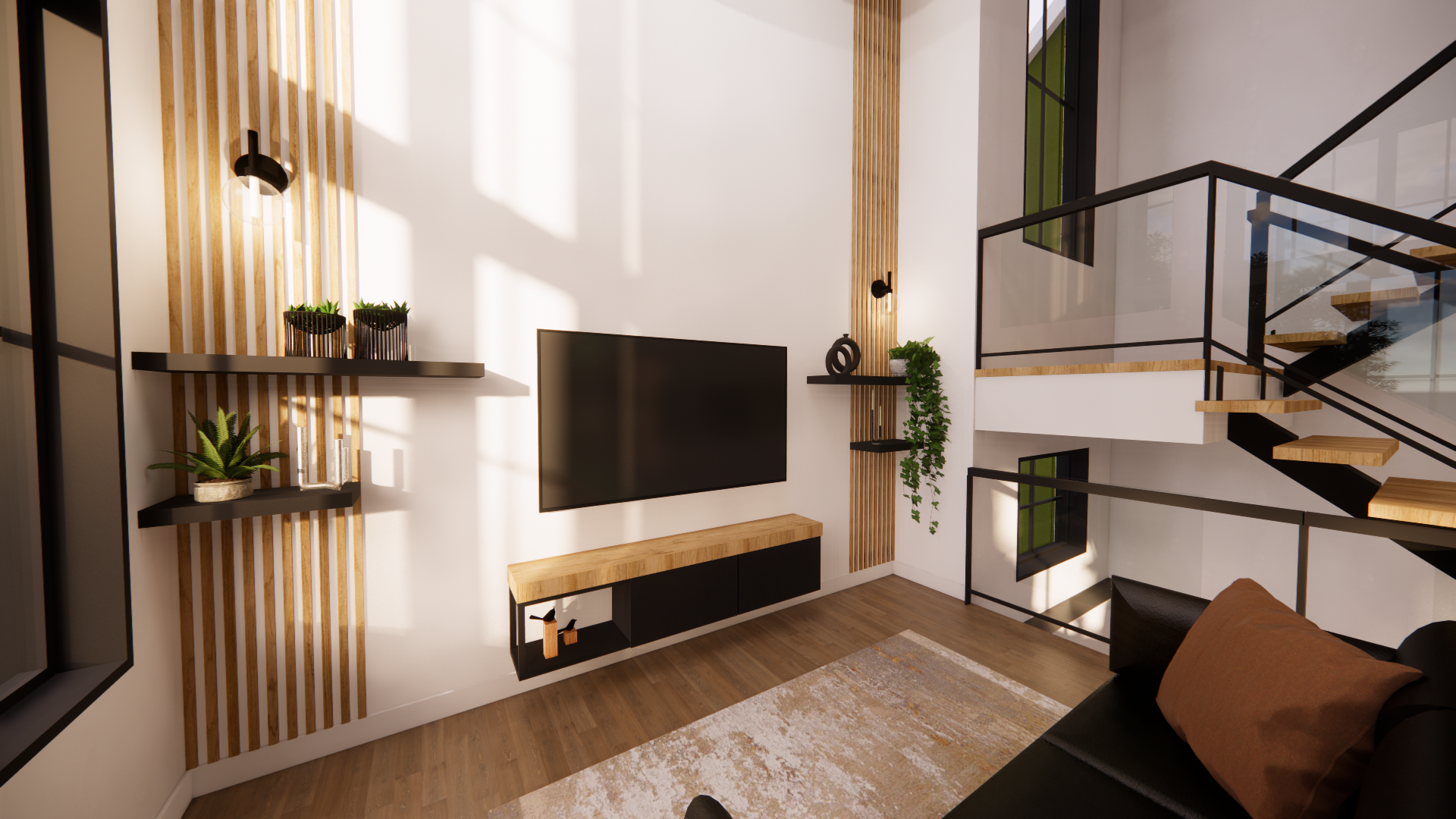 Salon avec télévision, étagères et escalier. Canapé noir, éléments en bois et tapis.