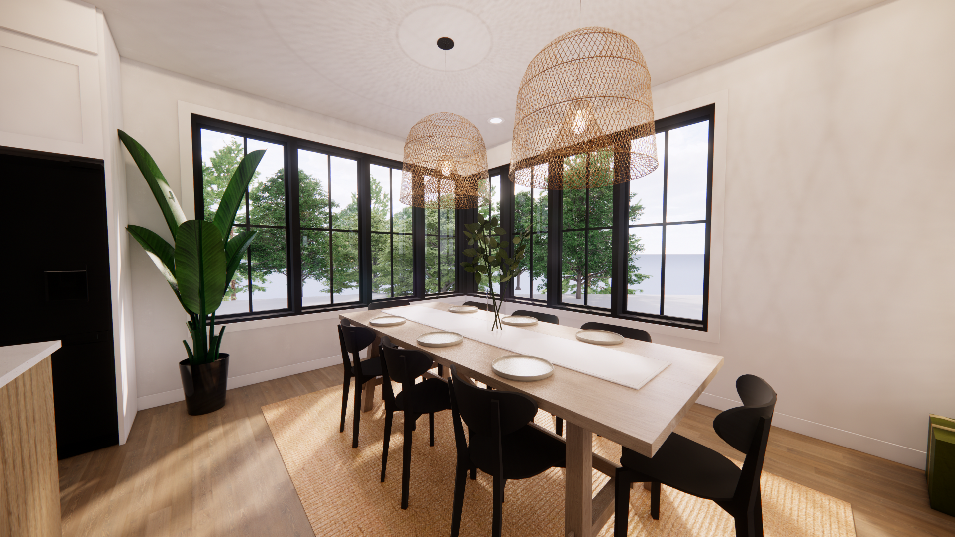 Salle à manger avec une longue table, des chaises noires, de grandes fenêtres et des suspensions lumineuses en tissu tressé.