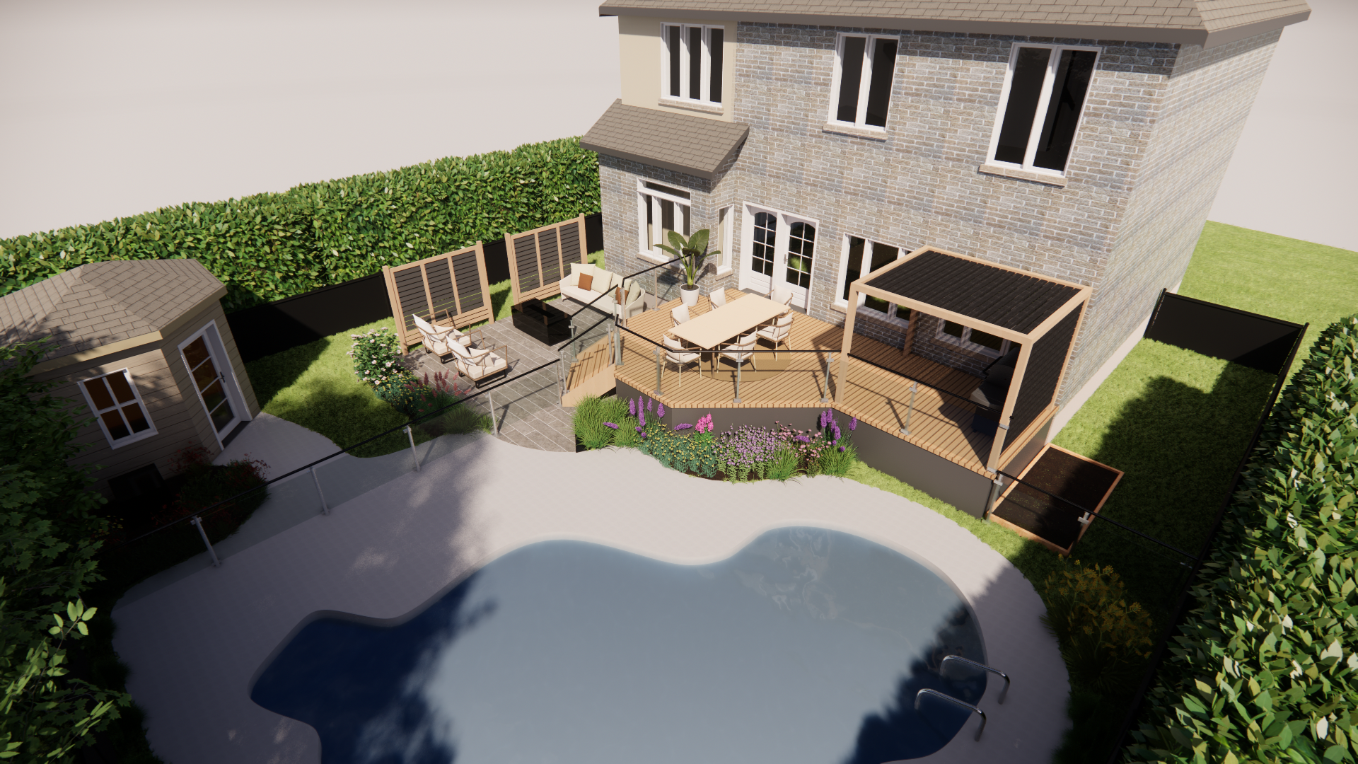 Vue d'un jardin avec piscine, terrasse, coin repas, abri de jardin et clôture pour plus d'intimité.