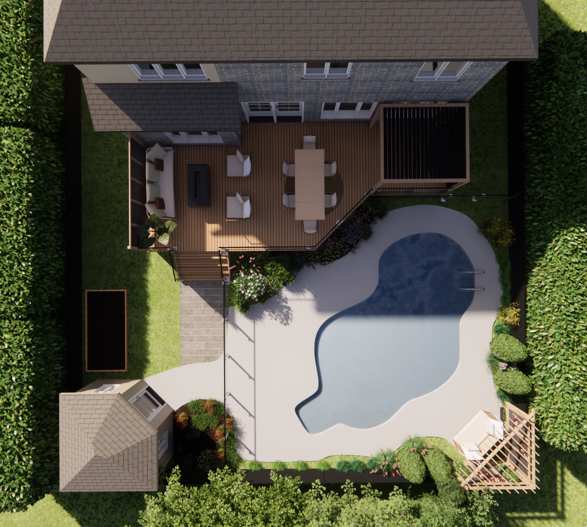 Vue aérienne d'un jardin avec une maison, une terrasse, une piscine, un kiosque et un aménagement paysager.