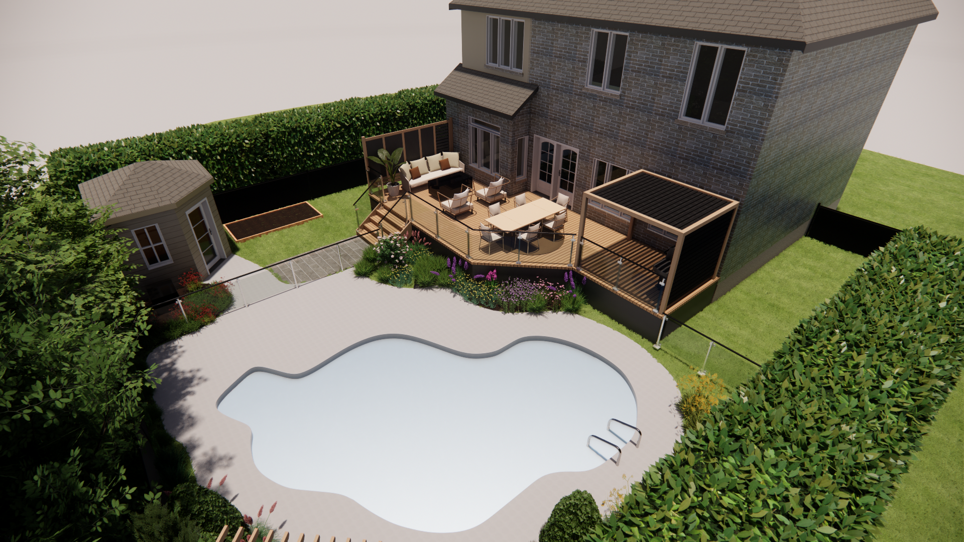 Rendu 3D d'un jardin avec maison, terrasse, piscine et kiosque. Pelouse et haies entourent l'espace.