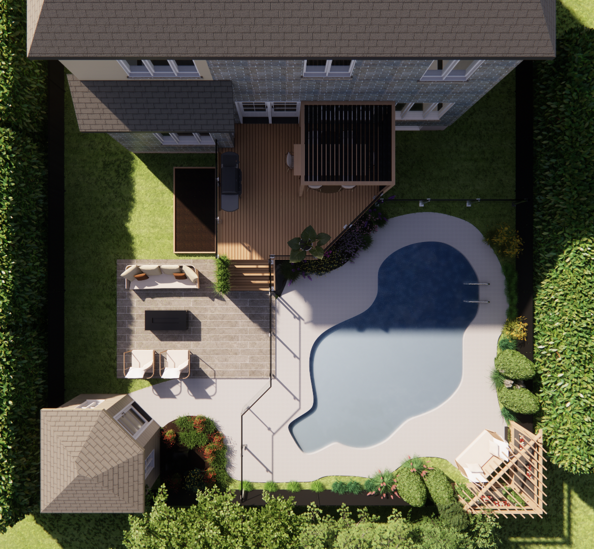 Vue aérienne d'un jardin avec piscine, patio, terrasse et aménagement paysager.