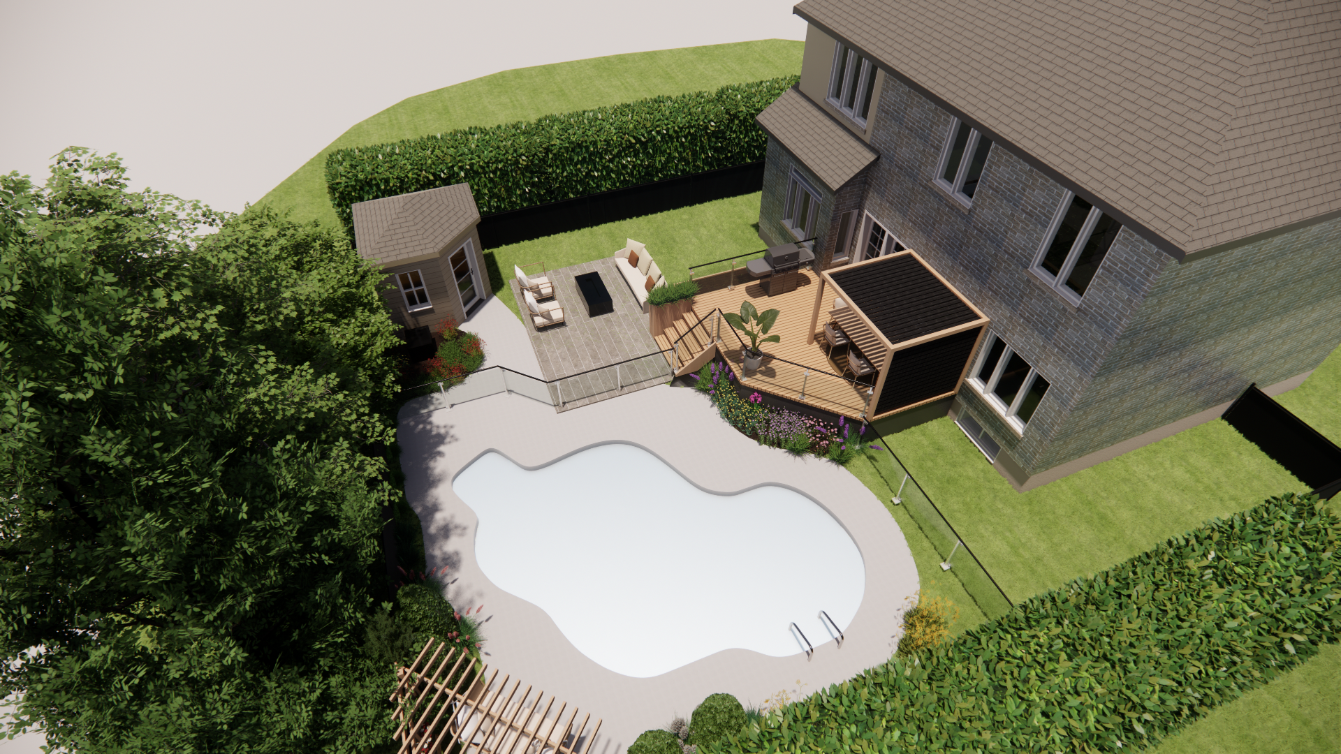 Vue aérienne d'un jardin avec piscine, terrasse et maison. L'espace est entouré de pelouse et d'arbres.