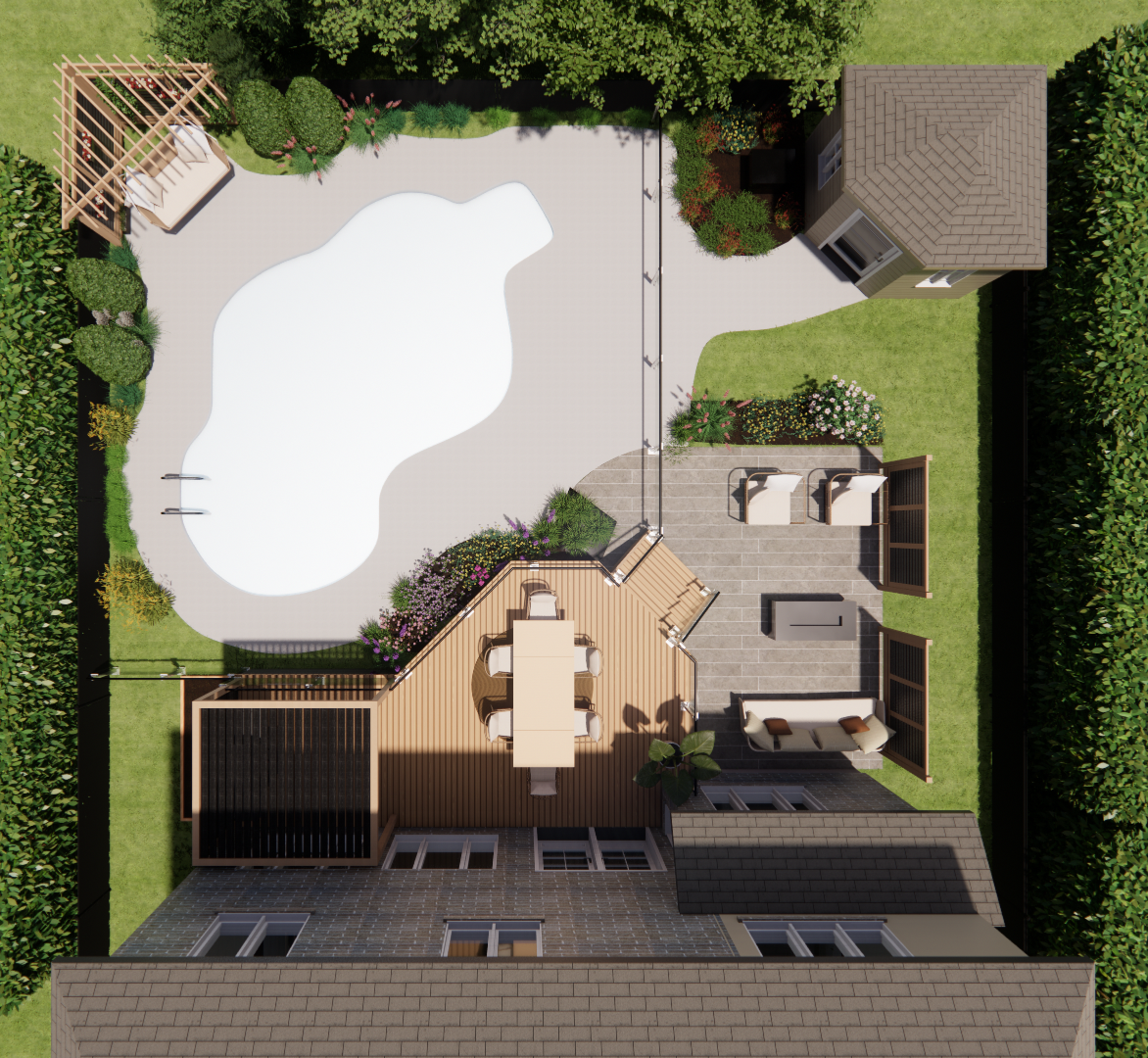 Vue aérienne d'un jardin avec piscine, terrasse, mobilier de jardin, pergola et haies vertes.