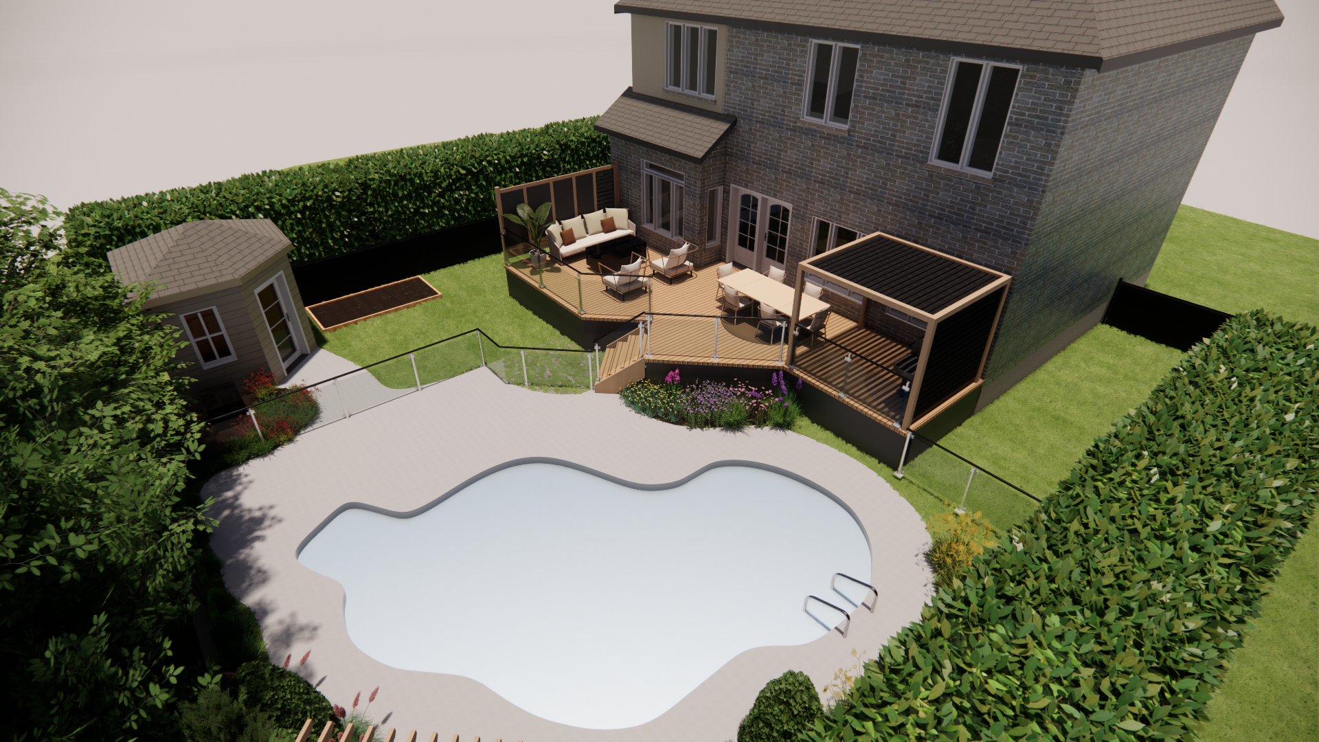Jardin avec piscine, terrasse, gazebo et haies.
